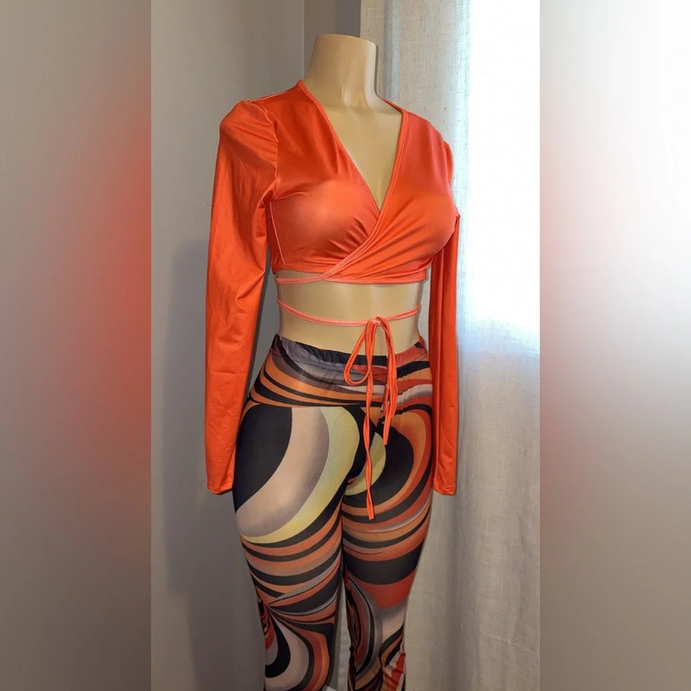 Orange Wrap Crop Top and Mesh Pants - Picture 5 of 7